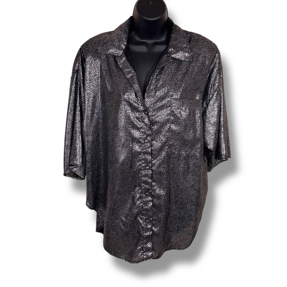 Vintage Prezzia Silver Black Medium Button Front Shirt Womens 80s Short Sleeve